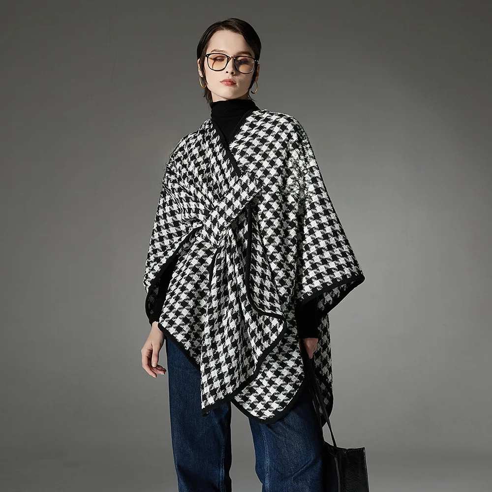 New Arrival Autumn Winter Golden Thread Checkered Shawl Buckle Warm Street Style Women's Woolen Coat Half High Collar Unisex