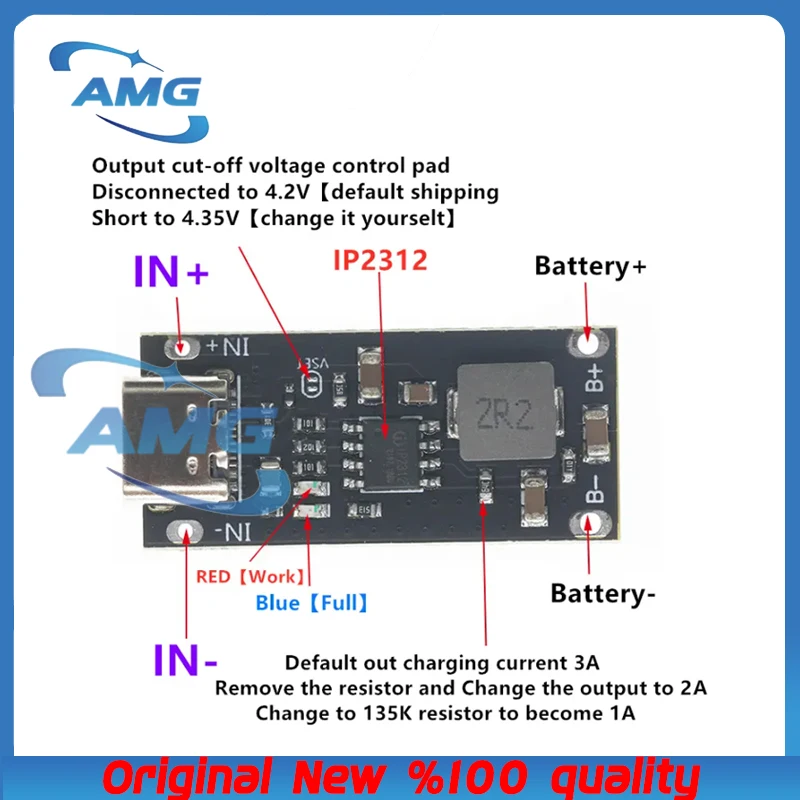 H.X.Y Type-C USB Input High Current 3A Polymer Ternary Lithium Battery Quick Fast Charging Board IP2312 CC/CV Mode 5V To 4.2V
