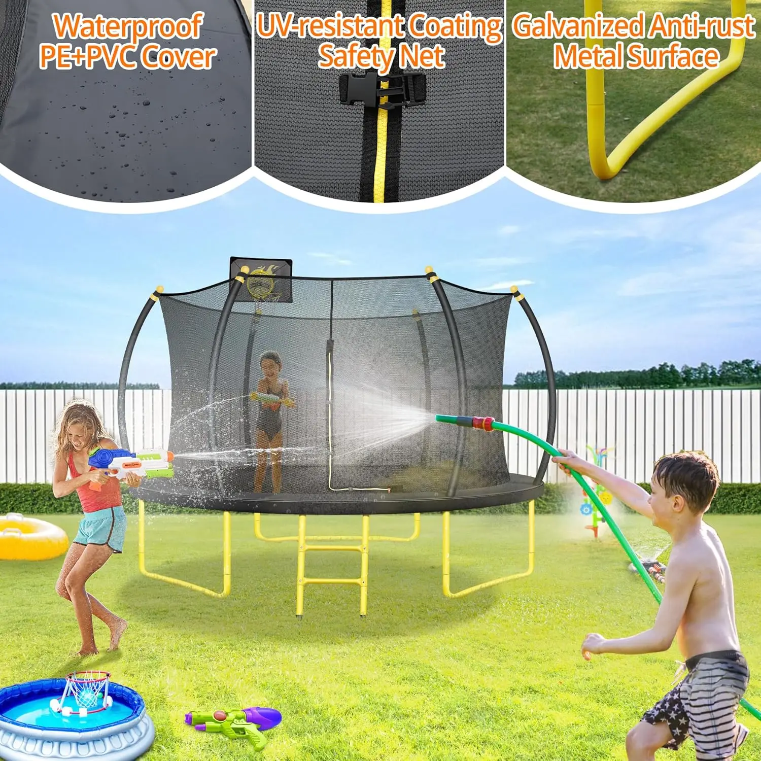 10FT Pumpkin Trampoline, Trampoline Outdoor with Basketball Hoop, Enclosure Net and Ladder, Recreational Trampoline