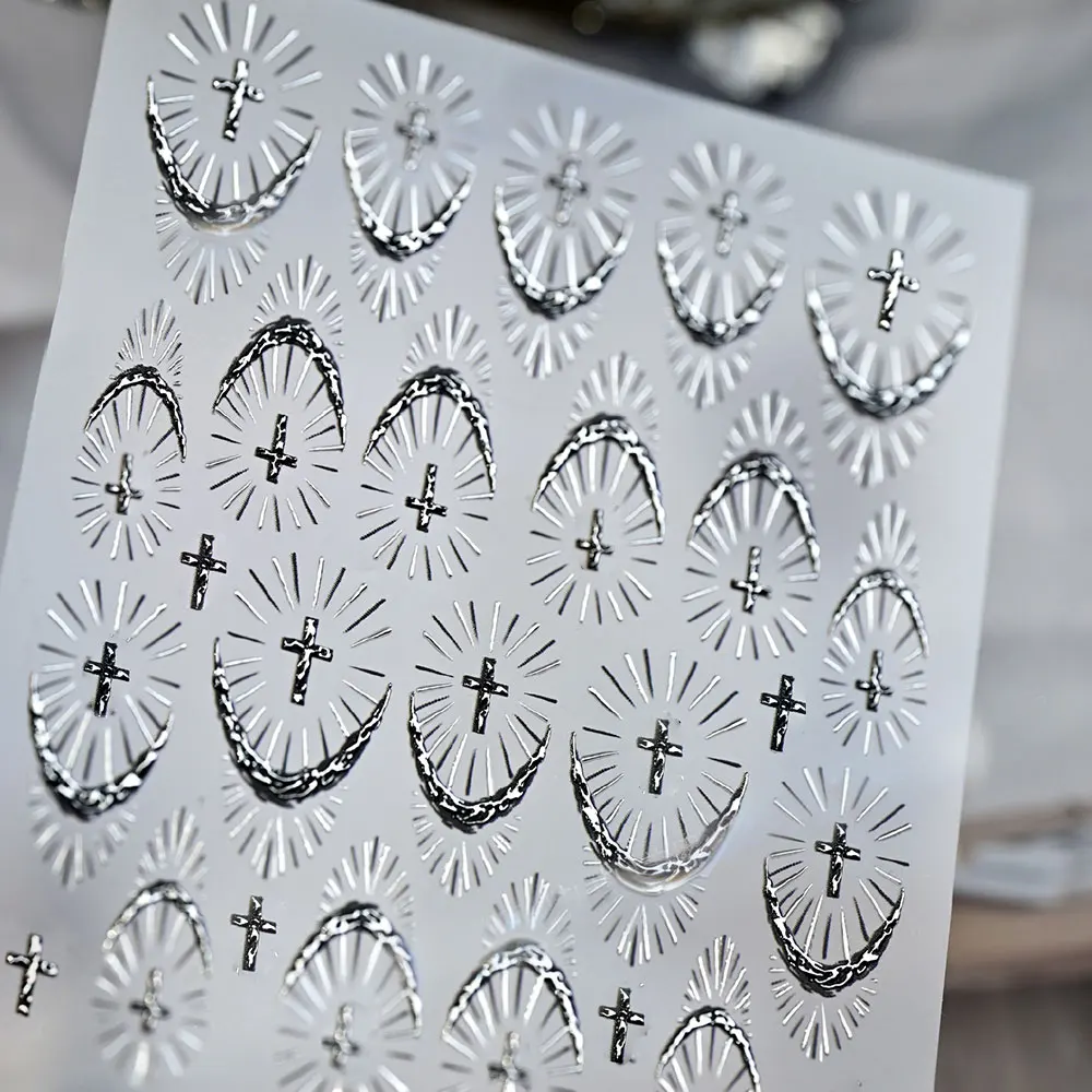 1 قطعة 5D تنقش الذهب الصليب الفرنسية مسمار ملصقات الضوء المقدس الخط الفرنسي الصليب مسمار الشارات 8*10 سنتيمتر ذاتية اللصق الصليب مسمار ديكور #4