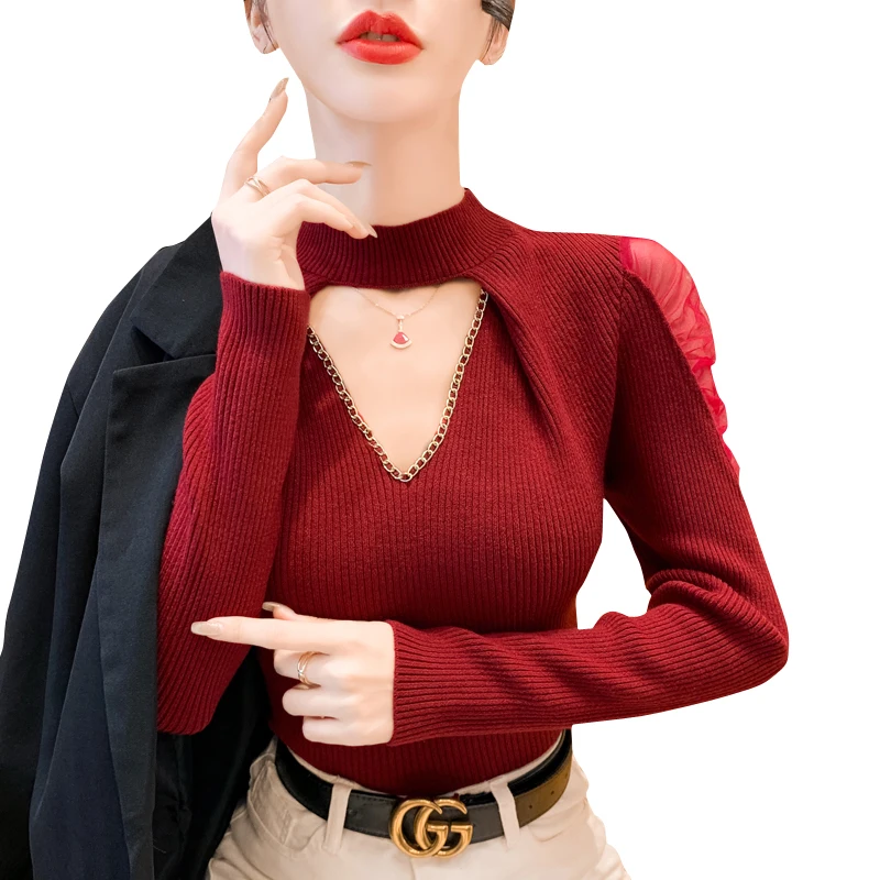 Damen Long Sve Hollow Out Strickwaren Me Splicing Design Winter Warm Base Irt Herbst Winter f Pullover mit hohem Kragen