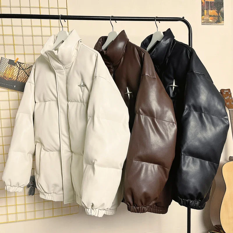 Streetwear Fashion Stand Collar Winter PU Leather Jacket for Men Casual Metal Star Patch Desgin Winter Coat Men Clothing
