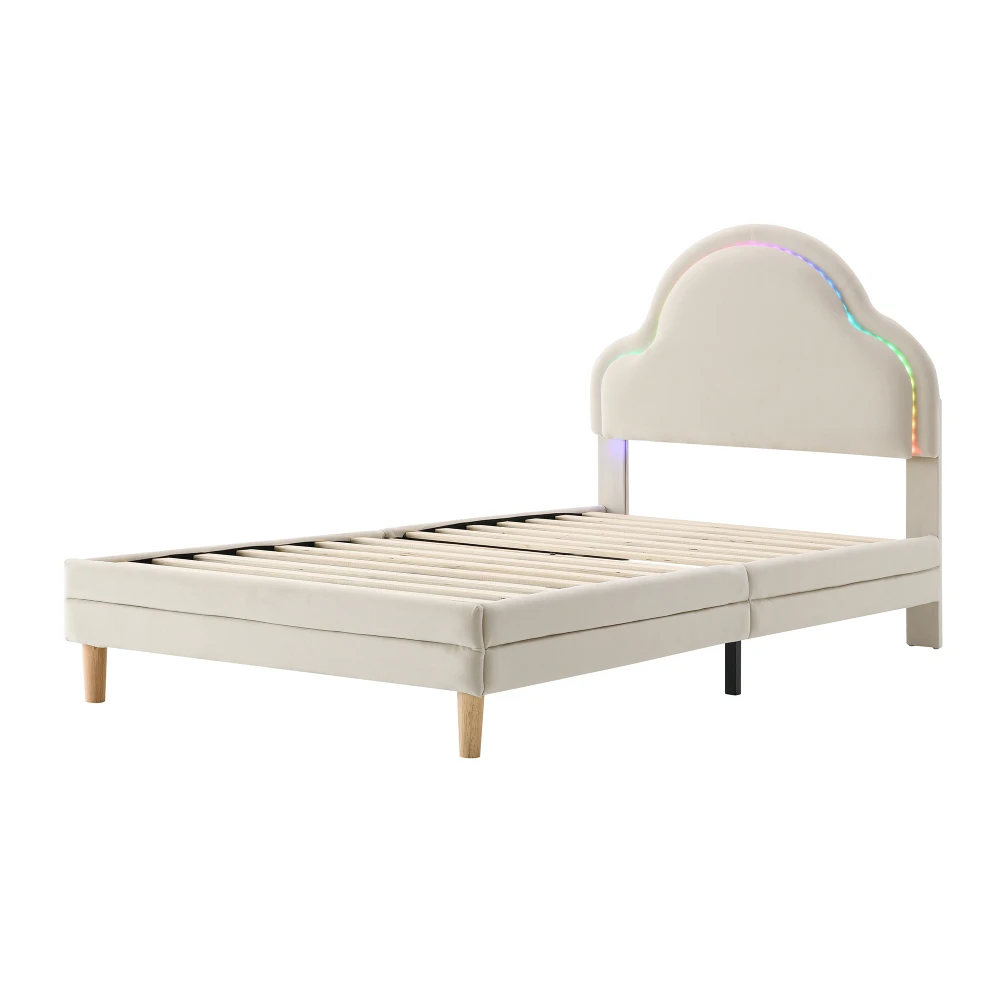 PINGGO Beige Samt Einzelbett 90x200cm Wolkenförmiges Kopfteil Farbwechsel-LED-Streifen Holzlatten Kinderbett Ohne Matratze – Detail 10