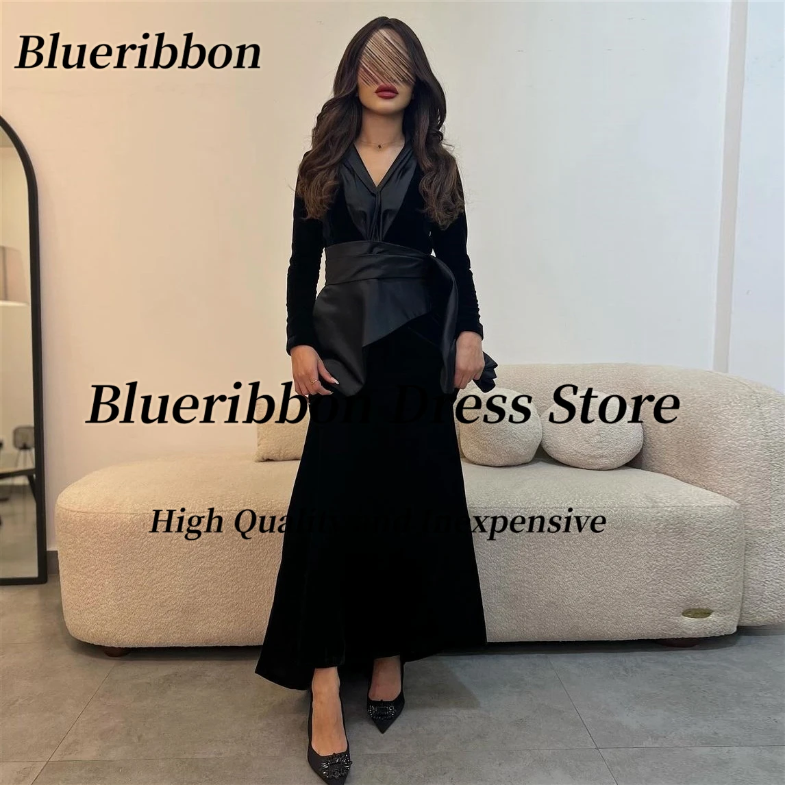 

Blueribbon Black Prom Dresses with Sash V Neck Long Sleeves Evening Gown Zipper Back Wedding Party Saudi Arabia Women Wear Dress