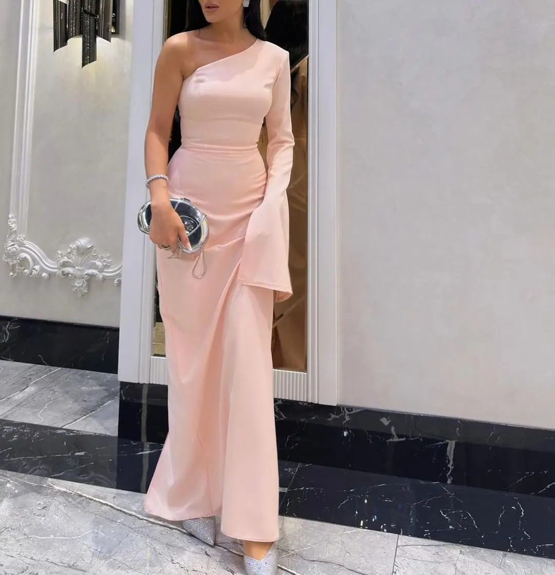 

Elegant Mermaid Long Sleeve Prom Dresses One Shoulder Floor Length Pleated Party Dresses Back Zipper Evening Dresses