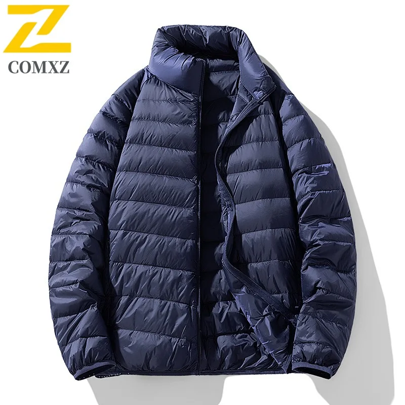 COMXZ Winter Stand Collar Down Jacket Men Korean Style Solid Color Thin Warm White Duck Coat Lightweight Comfort Office WorkWear