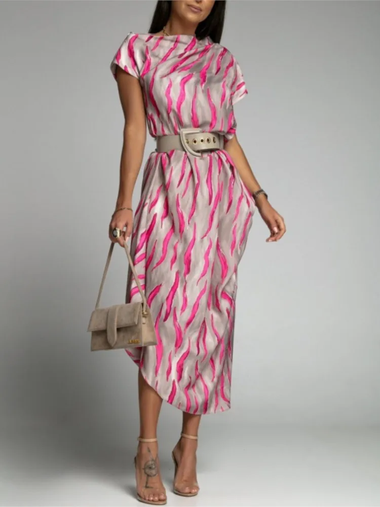 

Spring Summer Casual Striped Print Irregular Long Dresses For Women Fashion O Neck Short-sleeved Party Dress Woman Beach Dress