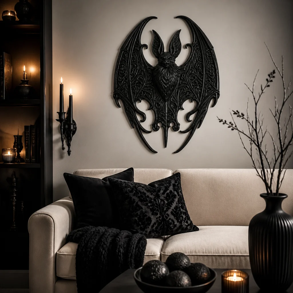 Vintage Rococo Filigree Bat Wall Hanging, Black Intricate Carving Bat Wall Sculpture, Witchy Gothic Wall Ornament