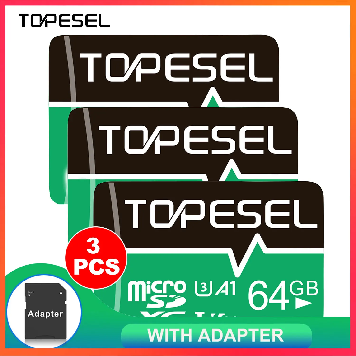 Topesel 3 Stuks Micro Sd Kaart Geheugenkaarten V30 U3 Klasse 10 Micro Sdxc UHS-I Tf Kaart Voor Camera/Drone/Dash Cam Met Gratis Sd Adapter