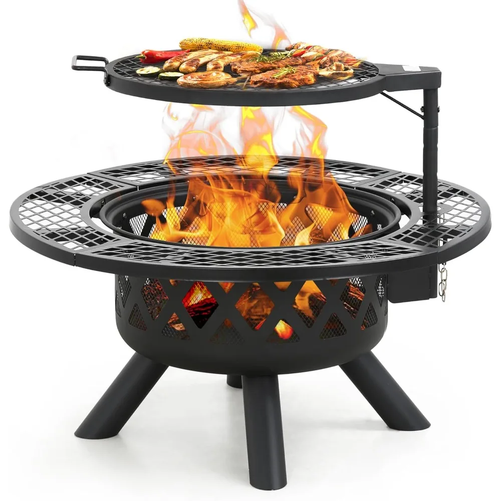 

Fire Pit with Poker, 32 inch Outdoor Fire Pit Patio, Wood Burning Firepits for Outside with Grill