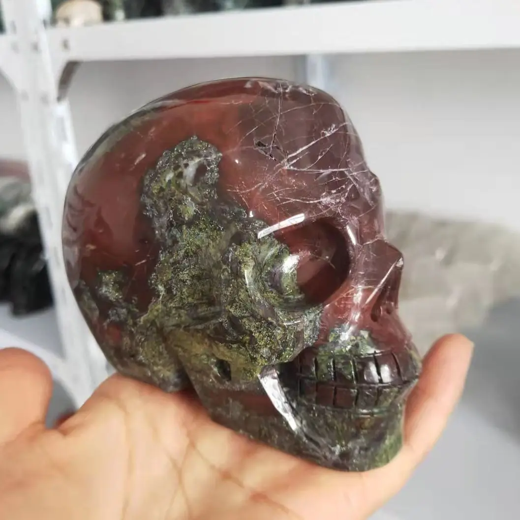 

1PC 1000-1200G Natural Dragon's Blood Ore Crystal Skull Hand Carved Witchcraft Sculpture Healing Reiki For Home Decor