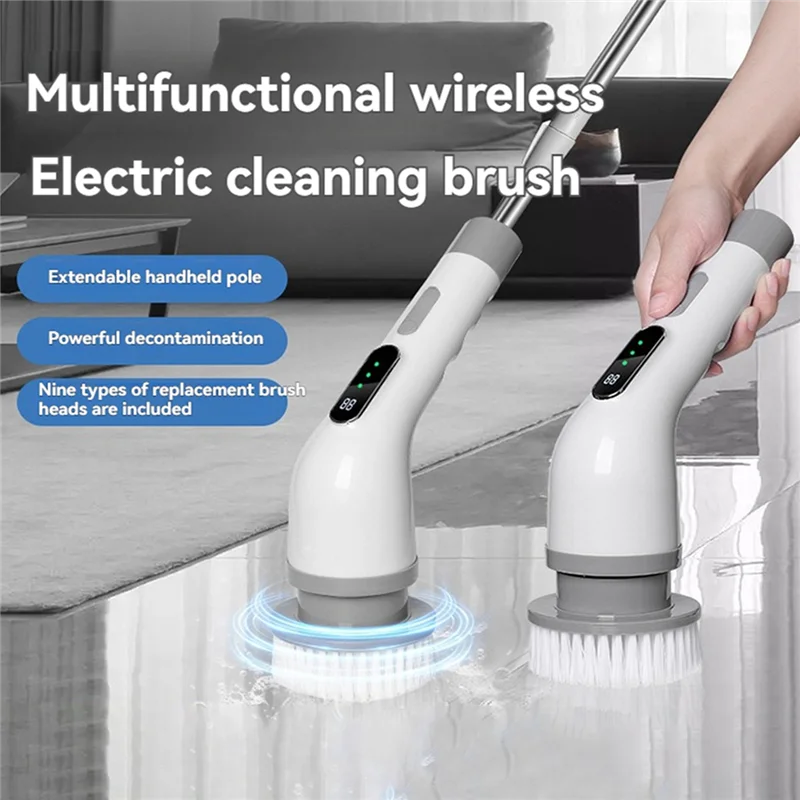 N02R-Spazzola per pulizia elettrica multifunzionale Lavapavimenti portatile telescopico con ricarica wireless a 9 teste per uso cucina e bagno