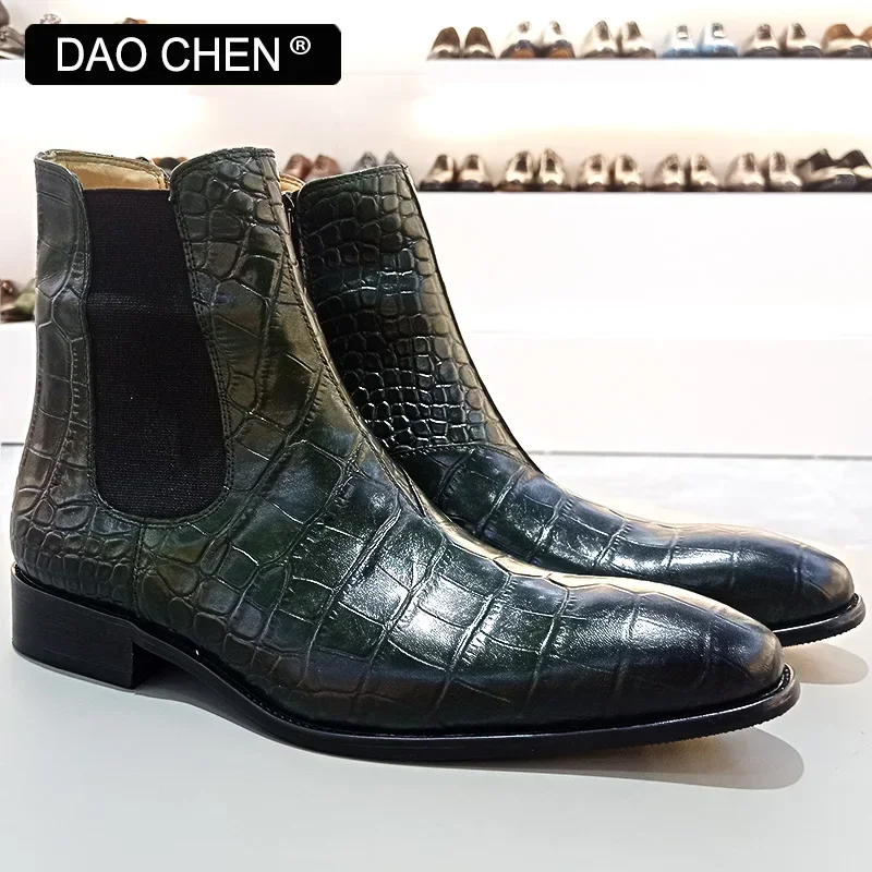 LUXURY BRAND MEN\'S BOOTS GREEN BLACK CROCODILE PRINT ANKLE BOOTS CASUAL MEN DRESS SHOES WEDDING OFFICE LEATHER BOOTS MEN