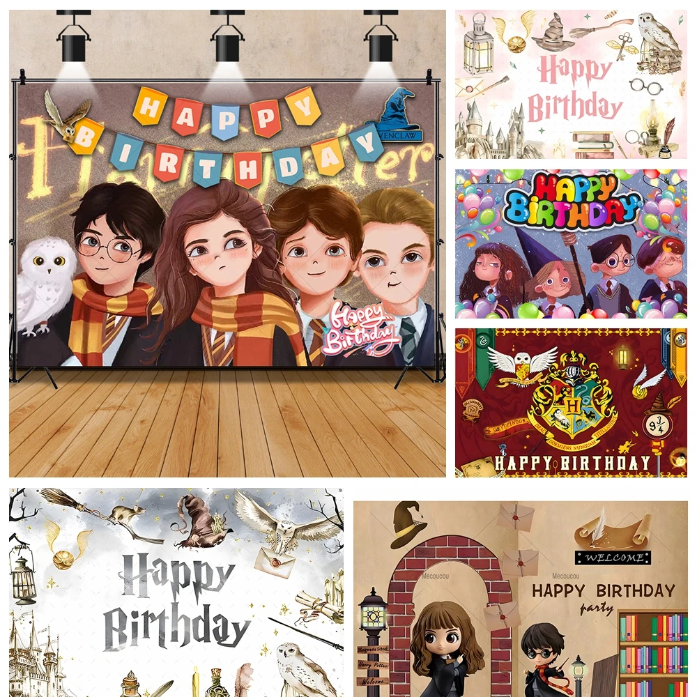 

Harry Potter Cartoon Hand Drawn Banner Backdrop Custom Hogwarts Magic Academy Kid Birthday Party Room Photography Decor Backdrop