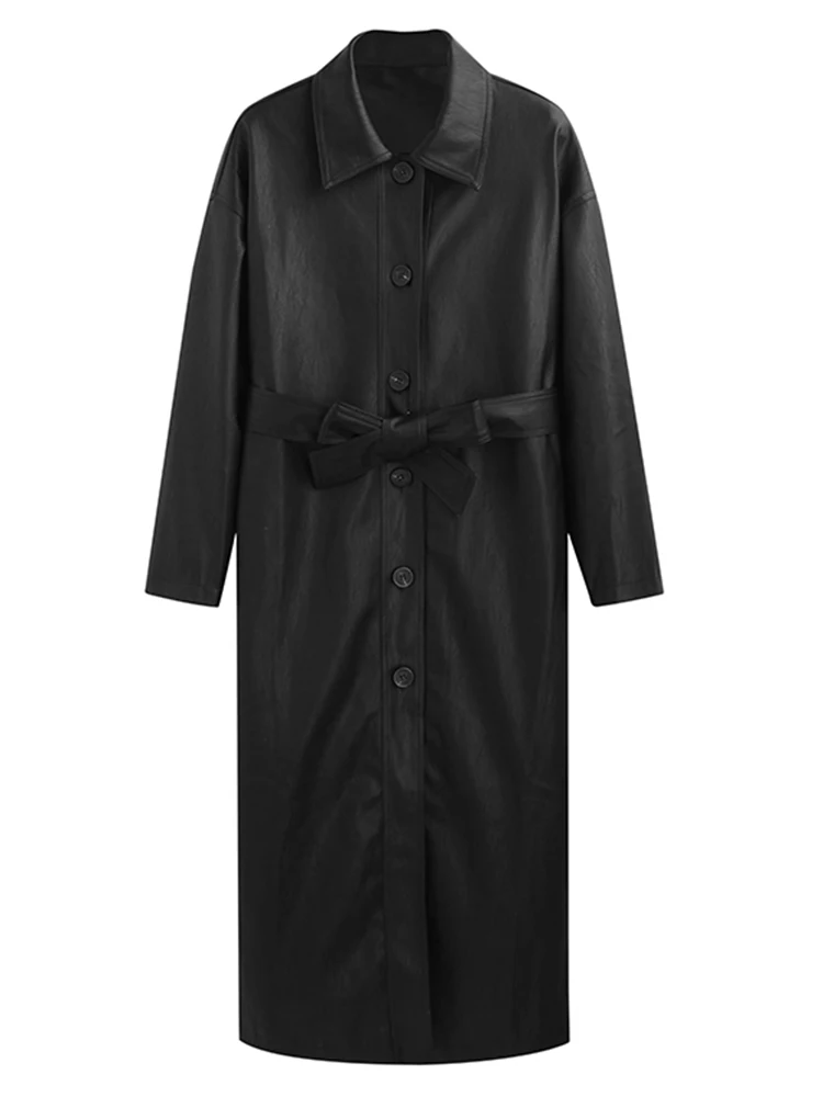 Trench in pelle Pu verde nero lungo autunno inverno primavera per donna fusciacca impermeabile Casual allentato moda coreana