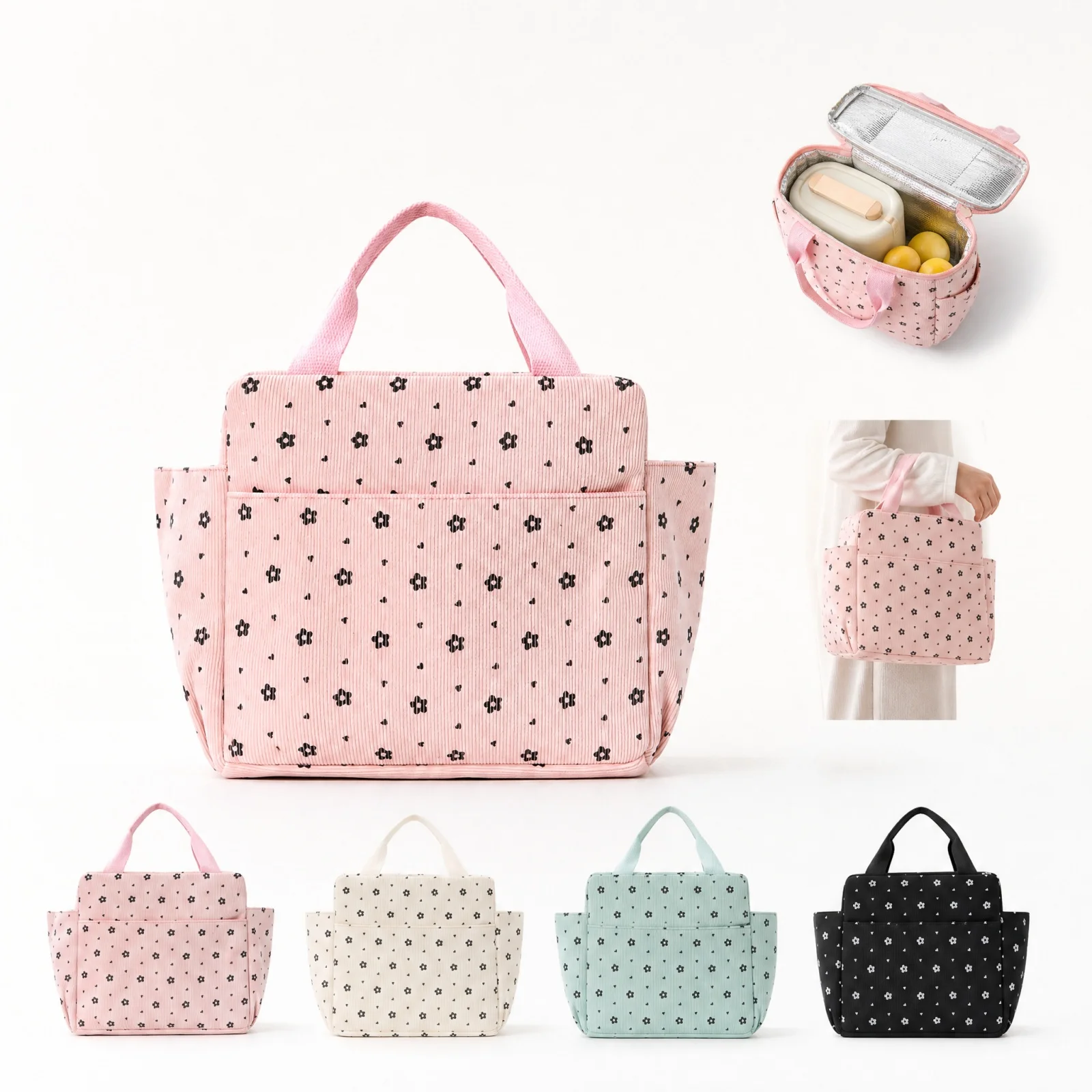 Soft Corduroy Lunch Bag for Women Large Capability Tote Bags Multiple Pockets Leak-proof Bento Box for School Work Travel Picnic