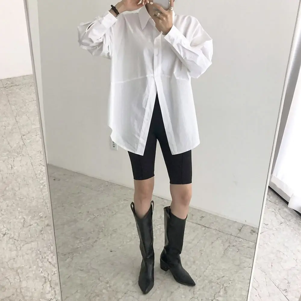 Autumn Womens Shirt Korean Style Loose Blouse Long Puff Sleeve Irregular Button Design Minimalist Elegant Casual Solid Top