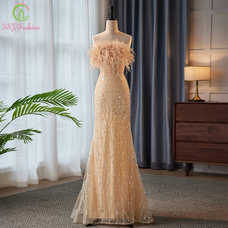 

SSYFashion Luxury Champagne Mermaid Evening Dress Sexy Slim Strapless Sequins Beading with Feather Party Formal Gowns for Women