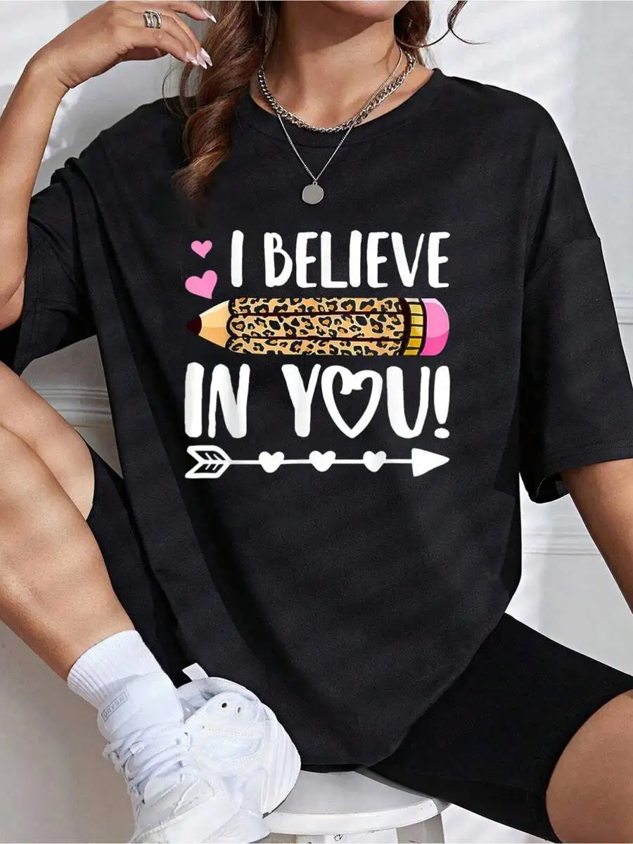 I Believe In You Teacher Shirt Testing Day Leopard Pencil Graphic Tee Women Inspirational School Counselor T-Shirt Summer Short Sleeve Tops