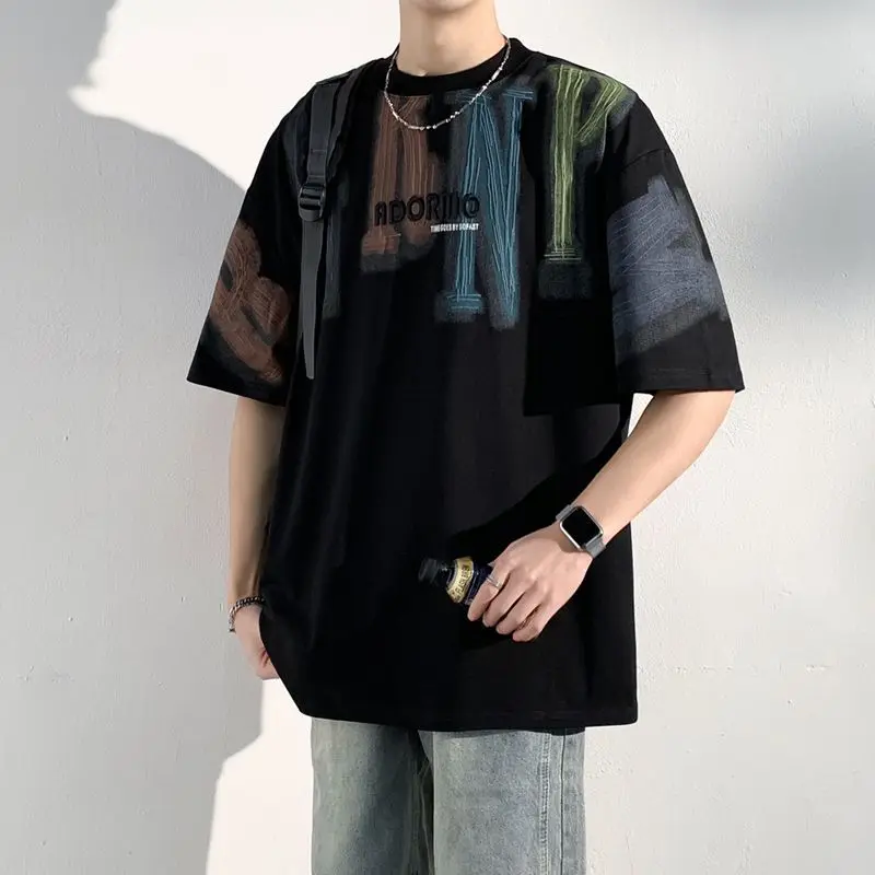 

Casual Letter Printed Loose T-shirts Men's Clothing Chic Embroidery Summer Contrasting Colors Young Style Round Neck Pullovers