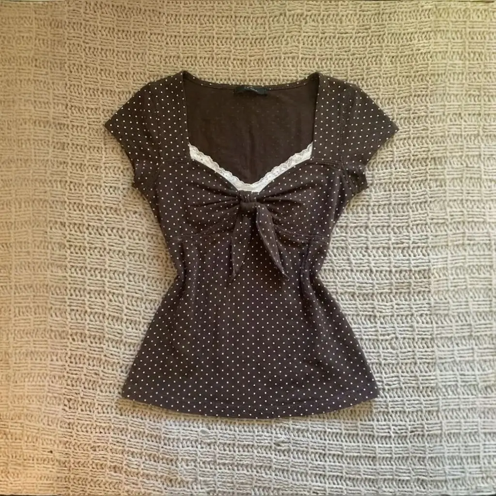 Retro polka dot lace bow tie short-sleeved T-shirtwomen summer sweet spicy girl design form-fitting slimming, waist-cinching top