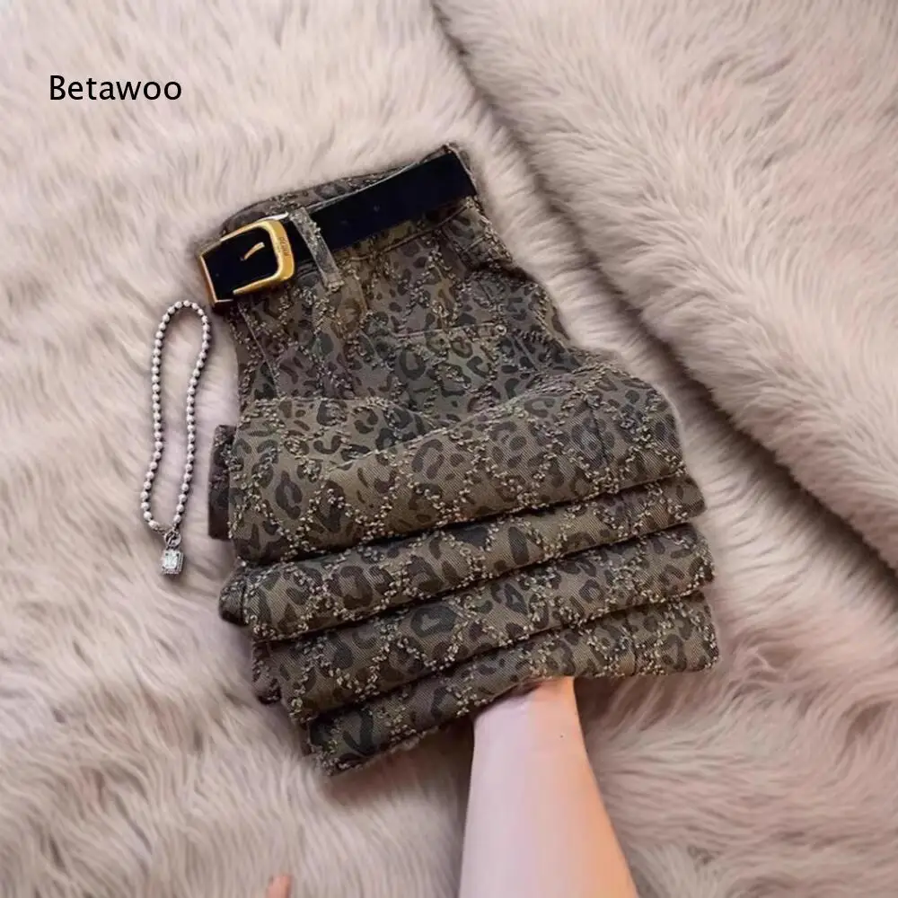 Fashion Y2K Sparkly Rhinestone Leopard Print Casual Wide Leg Jeans