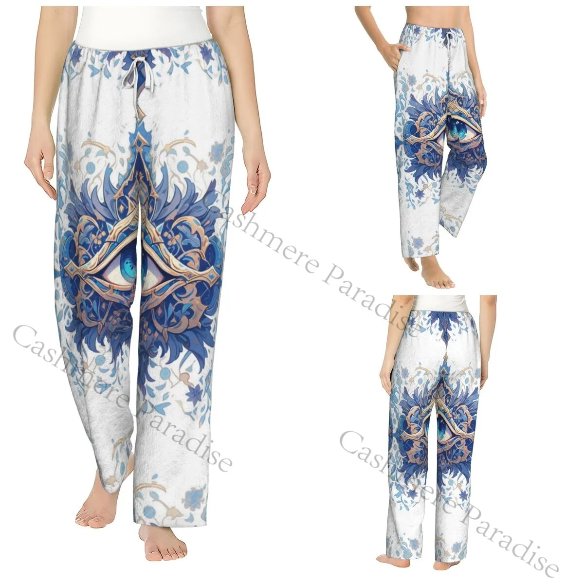 

Eye Blue Floral Women Sleep Pants Warm Flannel Lounge Pants for Winter Nights