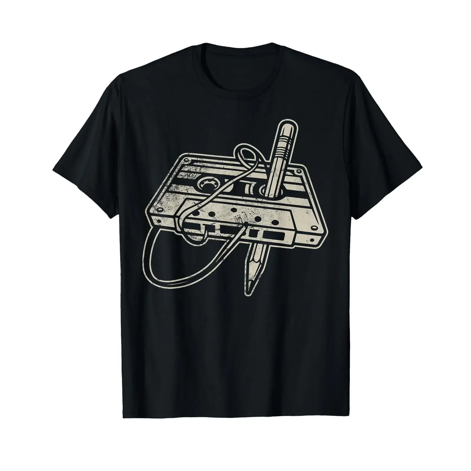 Retro Cassette Tape Pencil Rewind 80s Mixtape Nostalgia T Shirt vintage Washed Versatile fashion Comfortable Stylish