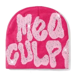 NEW Y2K MEA Culpa Beanies Hat with Rhinestone for Women Men Beanies Hats Hip-hop Soft Stretch Warm Knitted Slouchy Cap