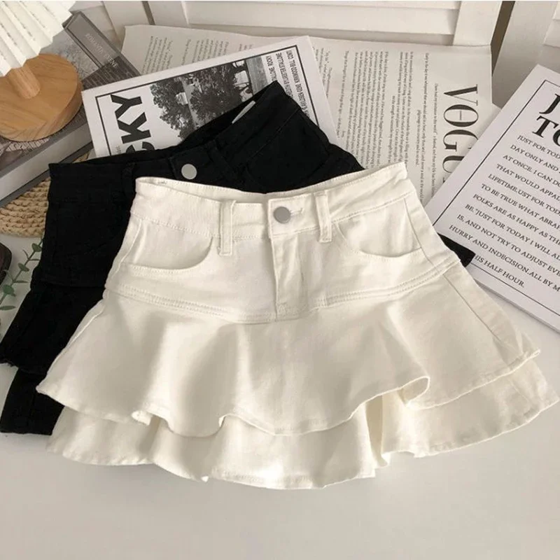 

Kids Girls Black White Cake Skirts New Arrival Spring Summer Double Layer Cotton Skirts Children Casual Elastic Waist Skirt