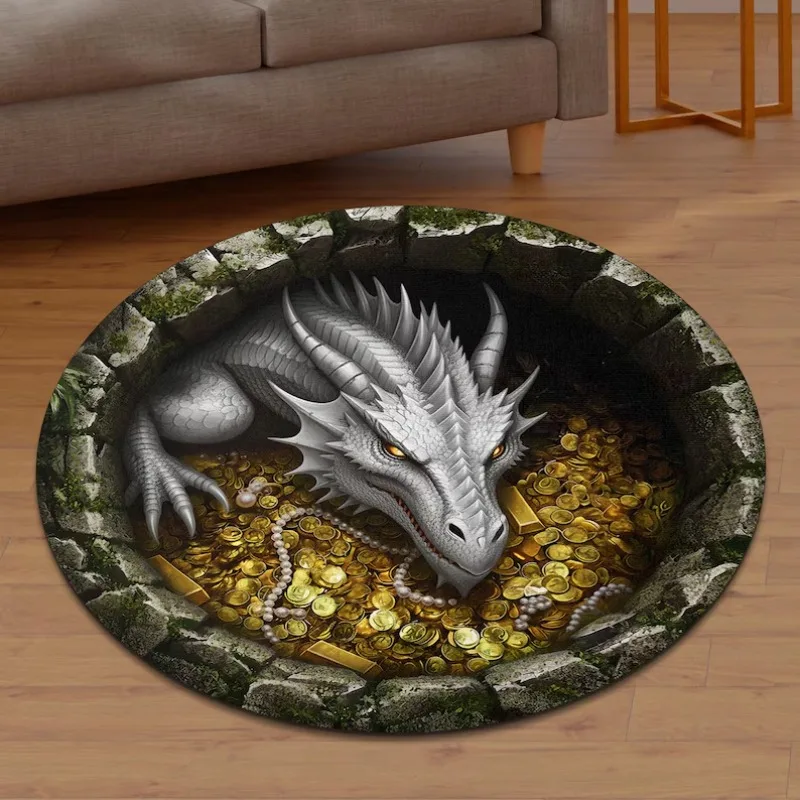 2D Fantasy Dragon Round Rug Treasure Theme Home Decor Carpet Soft Non-Slip Floor Mat Gold Coins Pearls Gemstones Dark Dragon