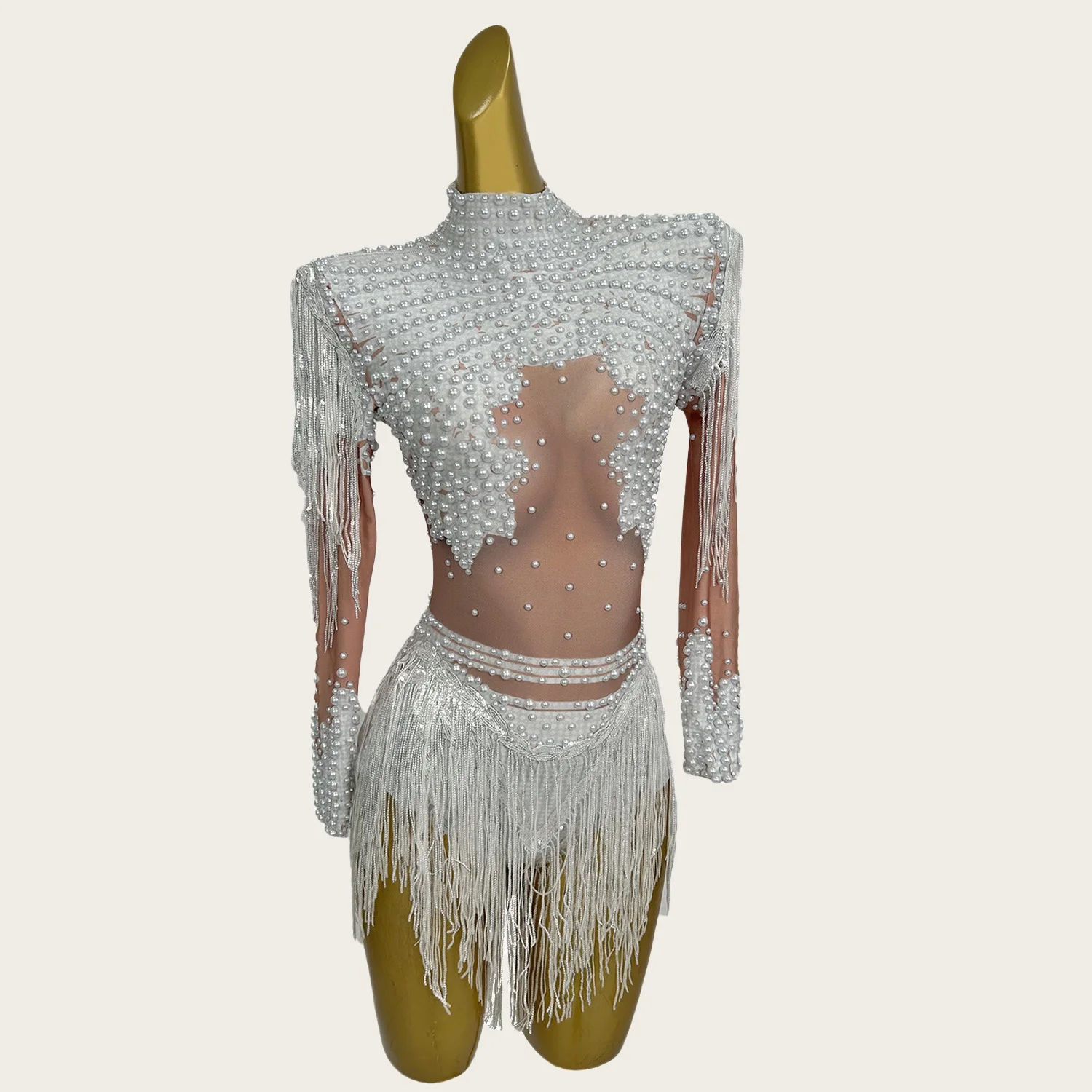 Xinniang Sparkly Rhinestone Pearls Spandex Bodysuit Ladies Latin Dance Team Wear Tassel Elastic Bodysuit Event gig Sexy Outfit