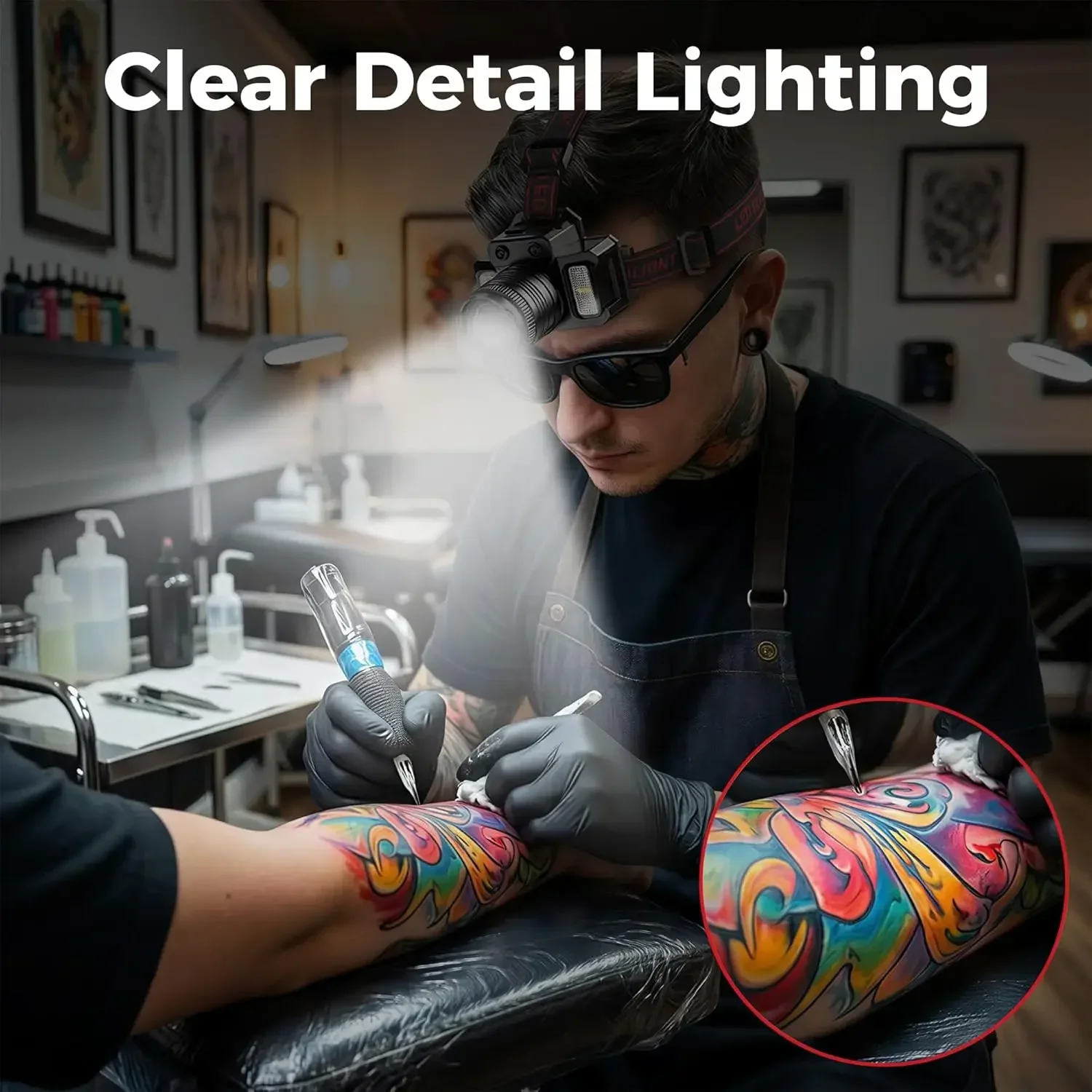 Makeup Light for Tattoo Work,Polarized Glasses,Head Lamp LED,Worn on the Head,Cooperate with Glasses to Eliminate Reflections