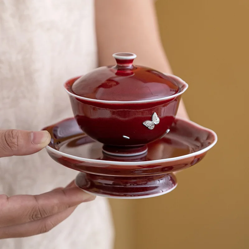 Lang Red Glaze Saw Nail Three Cover Bowl Master Cup Large Handmade Tea Bowl Household Tea Set Ceramic Ingot Literati Bowl