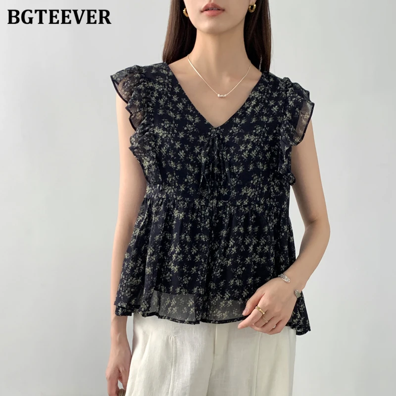 

BGTEEVER Vintage Chic Loose Floral Printed Blouses for Women Summer Elegant V-neck Lace-up Female Sleeveless Chiffon Tops