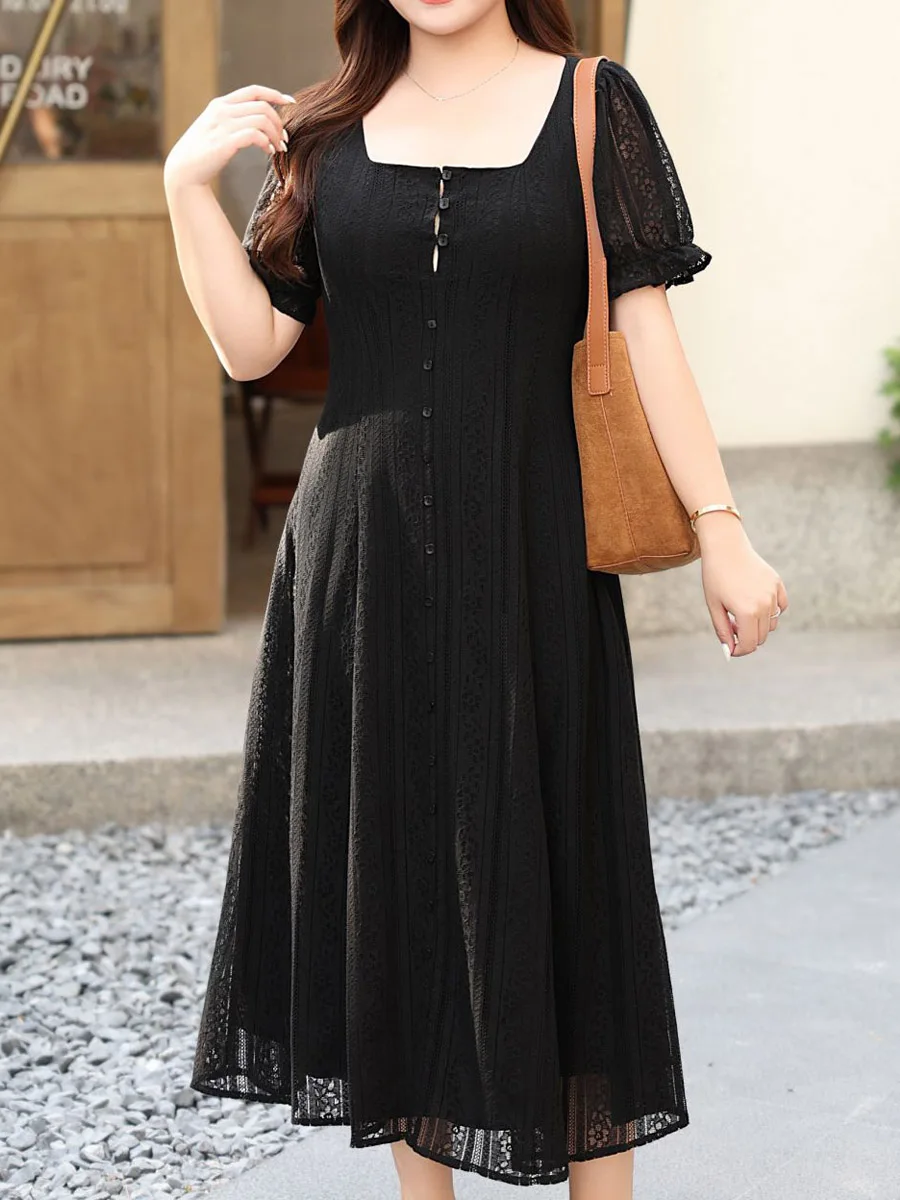 French Square Collar Lace Ball Gown for Women, Elegant Short Sleeved Dress, Black Long Dress, Good Quality, Plus Size, Summer