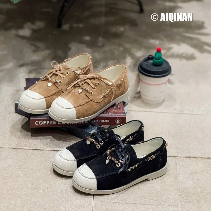 

Женские весенне-летние новые лоферы на плоской подошве, замшевая повседневная обувь с круглым носком и низкой подошвой на шнуровке, модная мода высокого качества