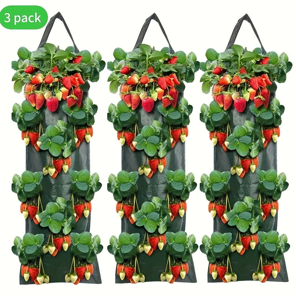 3pcs Hanging Plant Bags with 8 Holes for Strawberries, Multi-Pocket Perforated Grow Bags for Home Fruit Cultivation & Garden Use