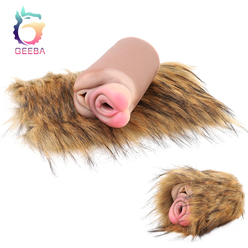 GEEBA Fantasy Tiger Pocket Pussy With Fur Open-ended Male Masturbator Silicone Lifelike Vagina Anal Stroker Sex Toy For Men