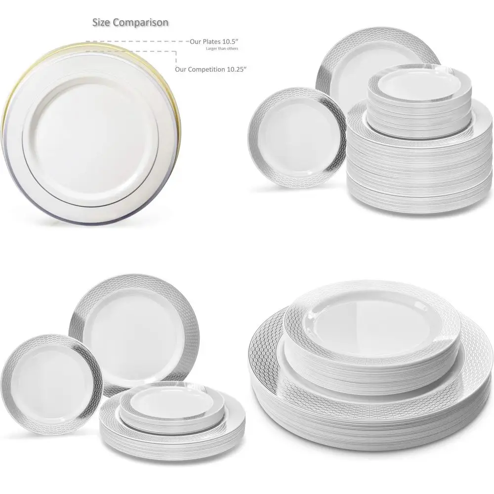 

Набор пластиковых тарелок премиум-класса, 240 предметов для 120 гостей — 10,5 ужинов и 7,5 тарелок для салата/десерта диамантом белого и серебристого цвета.