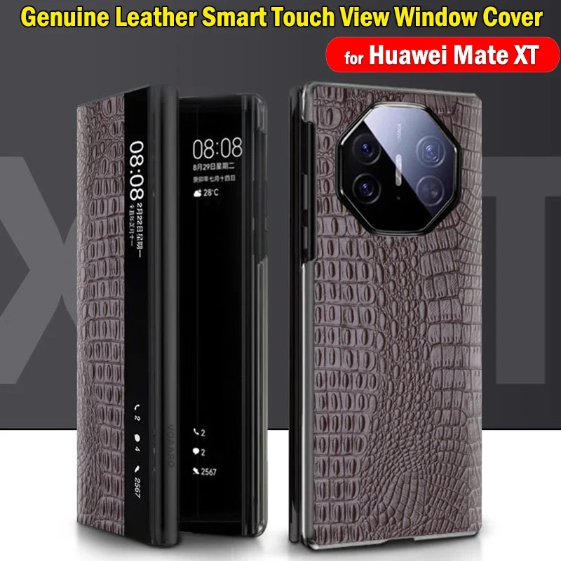 Smart Touch View Window Cover for HUAWEI Mate XT Genuine Leather Flip Case Crocodile Pattern Funda for HUAWEI Mate XT Case Capa