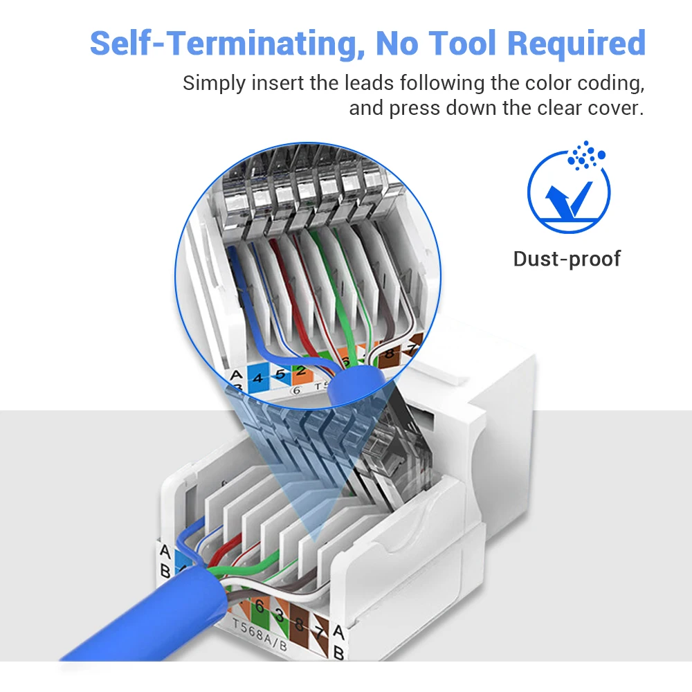 WoeoW Cat6 RJ45 Tool-Less Keystone Ethernet Module Female Jack Network Punch Down Connector (Not compatible with Patch Panel)