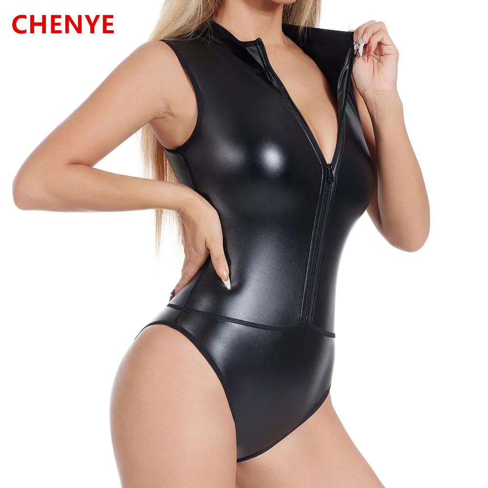 Women Body Shaper Sexy Lingerie Front Zipper High Neck Vest Faux Leather Bodysuit Stage Performance Uniforms One Pieces Jumpsuit