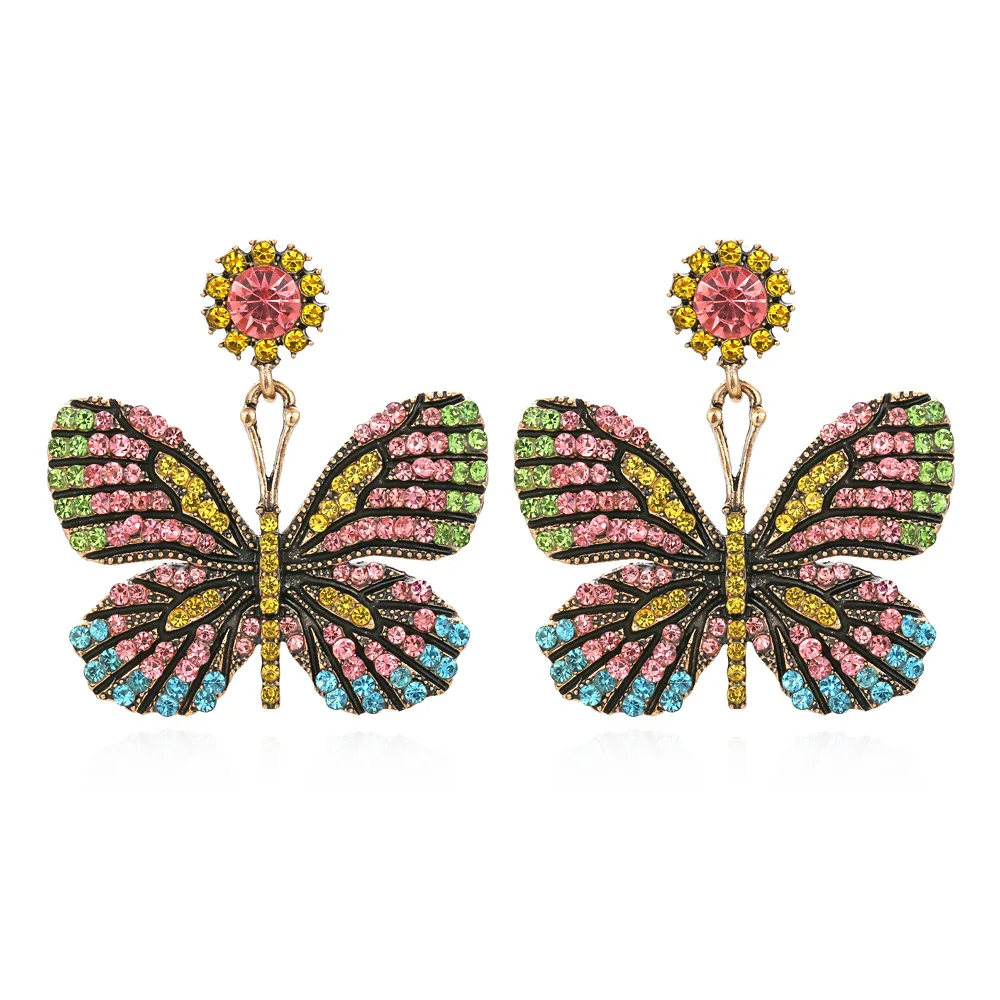 Exaggerated creative colored diamond butterfly earrings retro alloy diamond insect earrings  female source