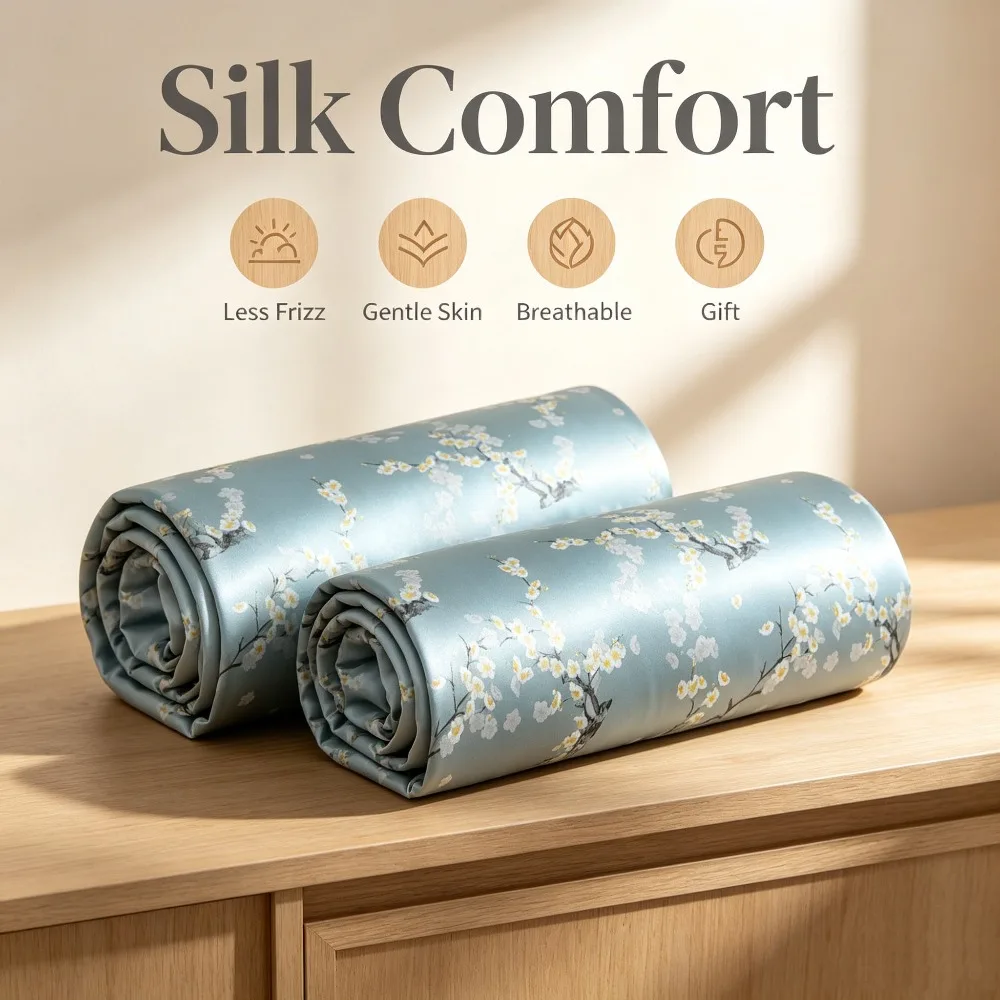 2 Pack 40 Momme Mulberry Silk Pillowcase Silk Face Silk Front Floral Printed Polyester Back Pillow Cover Set Hair Breakage Loss