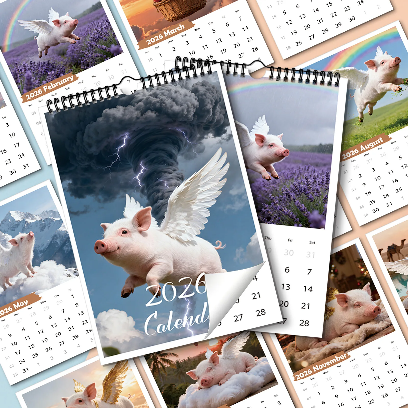 

1 шт. 2026 фэнтезийный календарь летающей свиньи, подходит для забавного украшения дома, делает необычный и креативный подарок