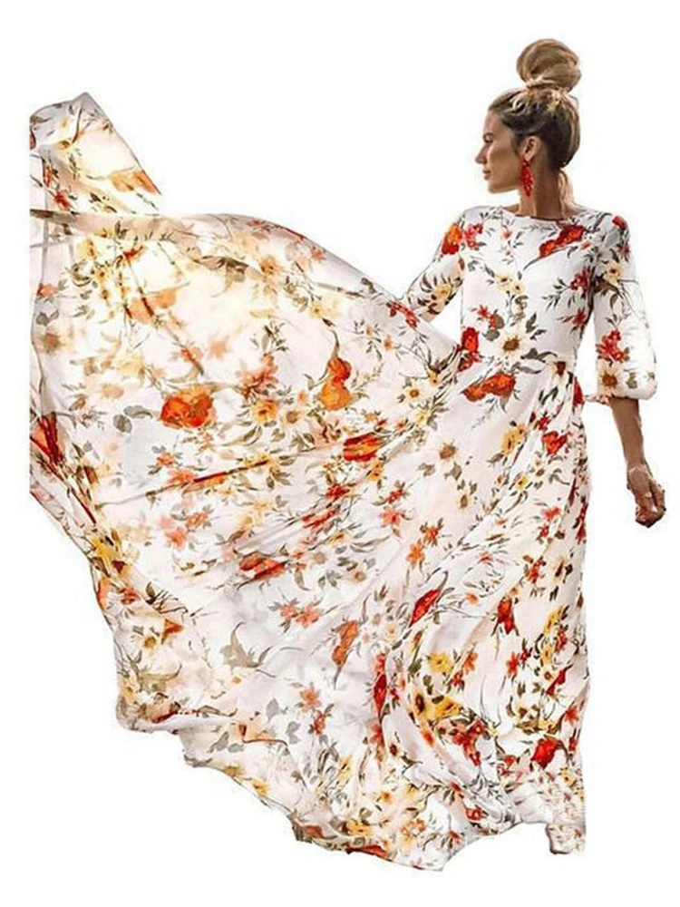 New High Waist Loose Summer Fashion Maxi Dresses Women Floral Printed Ladies Holiday Beach Long Casual Vestido Polyester