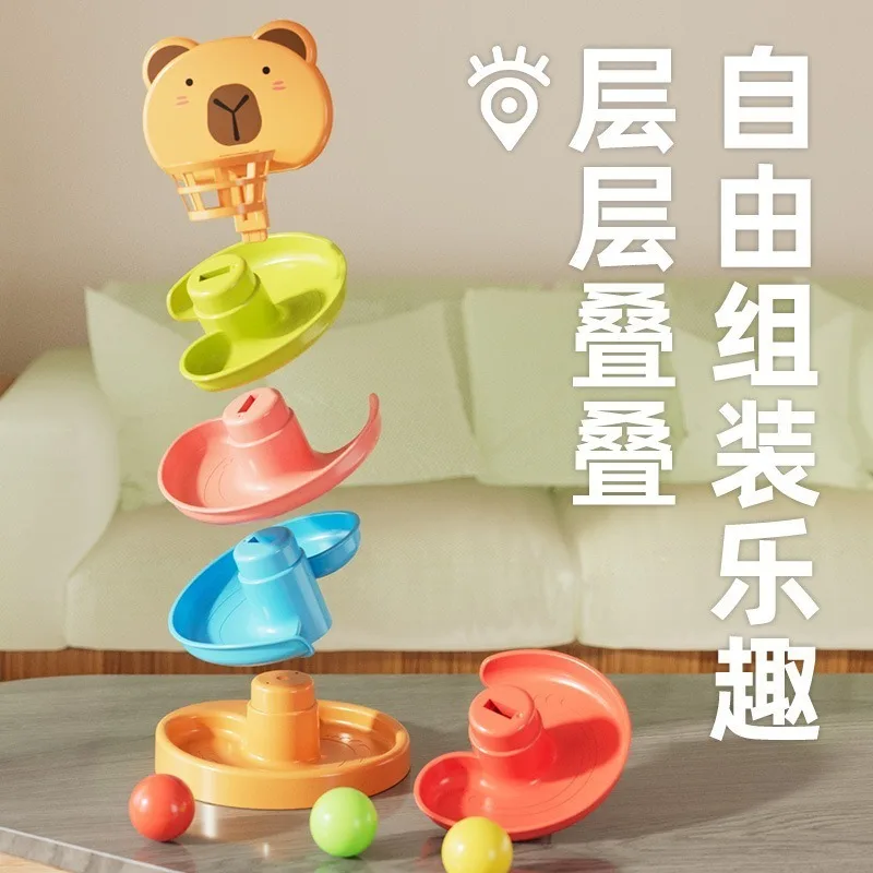 Baby Stacking Toys Montessori Puzzle Track Turn Around Track Rolling Ball Sliding Toys Early Educational Assembling Toy for Kids