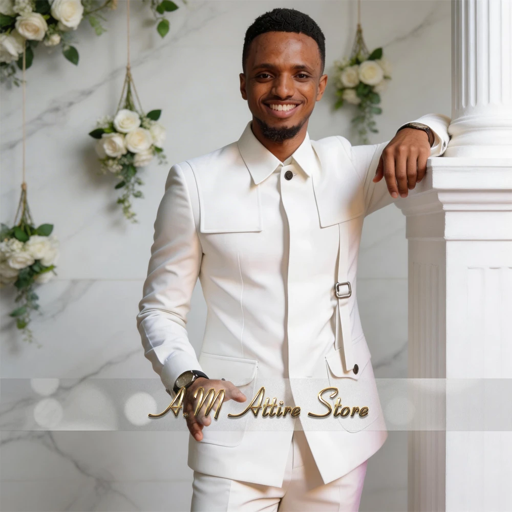 

Men's Formal Suit African Style 2pcs White Jacket Pants Slim Fit Customized Clothes for Wedding Prom Party Clothing