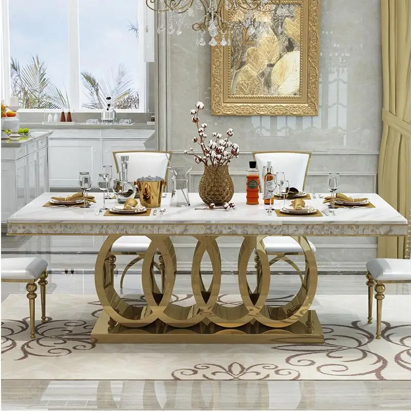 Chic Modern Marble Dining Table & Chairs Set, Sleek Stainless Steel Easy Clean Rectangular Table for Home Hotel Restaurant